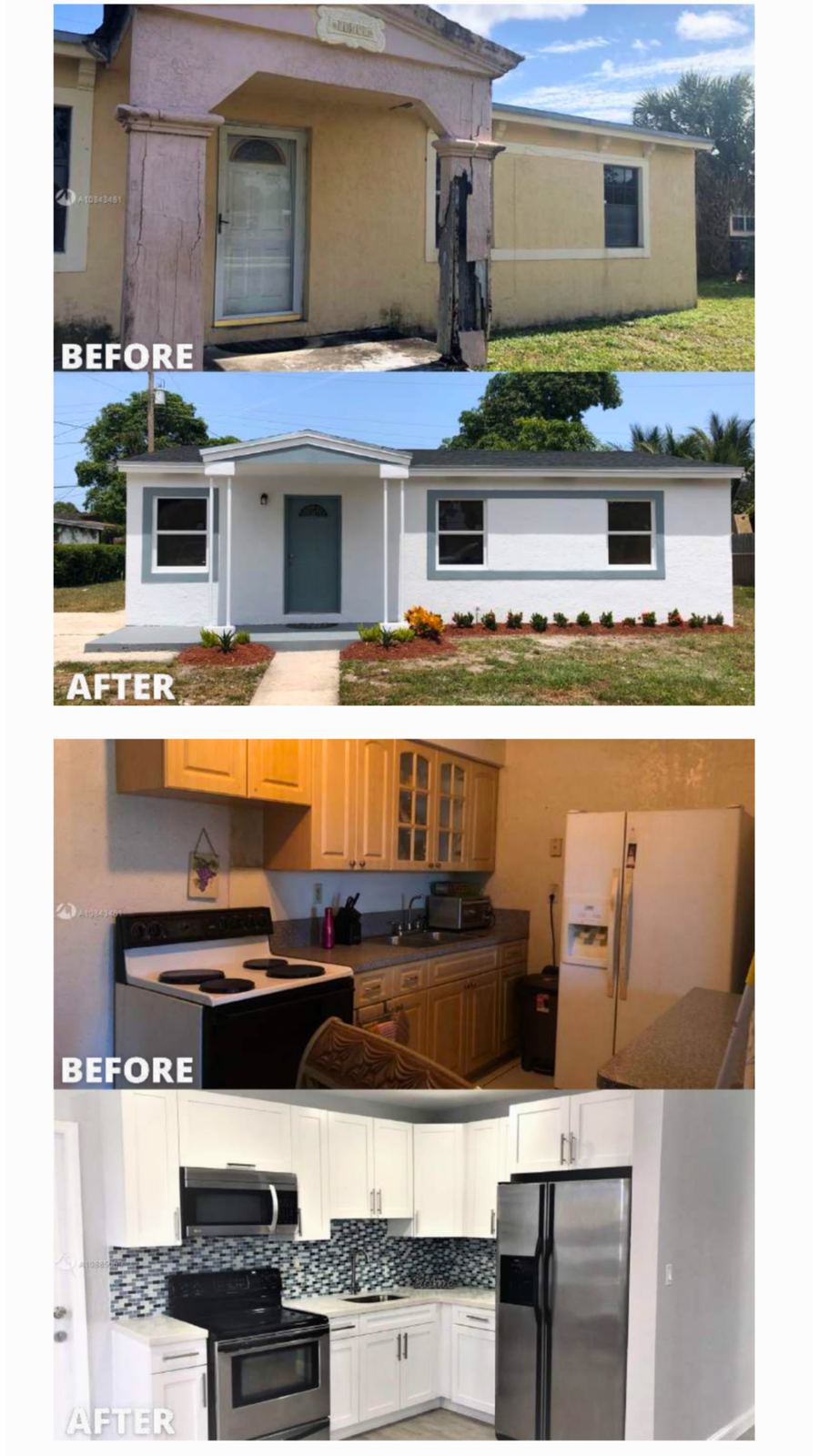 Before and after photos of a Miami house we renovated, exterior and kitchen