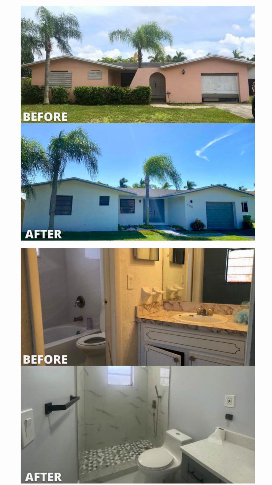 The 50th Street house before and after our renovation, exterior and bathroom